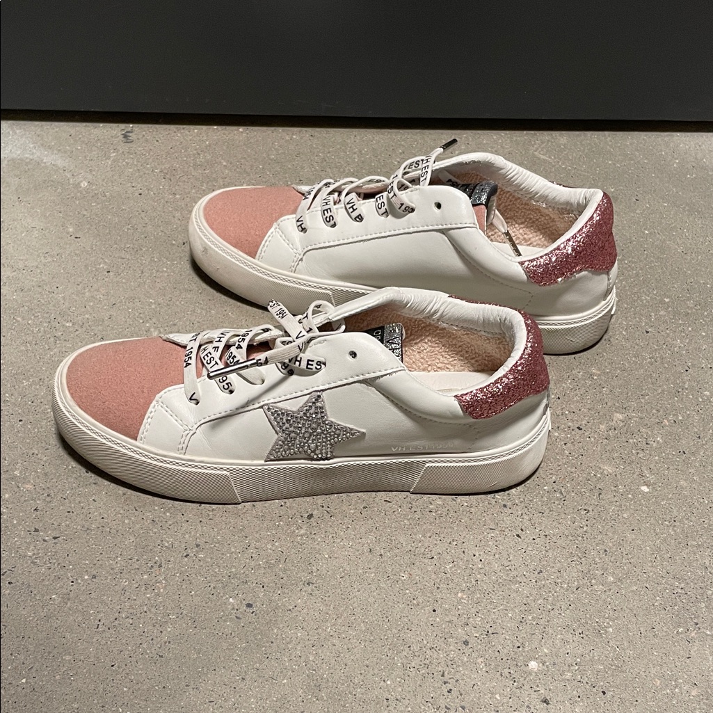 Vintage Havana Lace Up White And Sparkle Pink Silver Star Sneakers